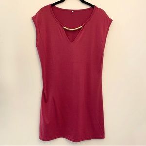 Burgundy Tshirt Mini Dress with Metal Beaded Neckline